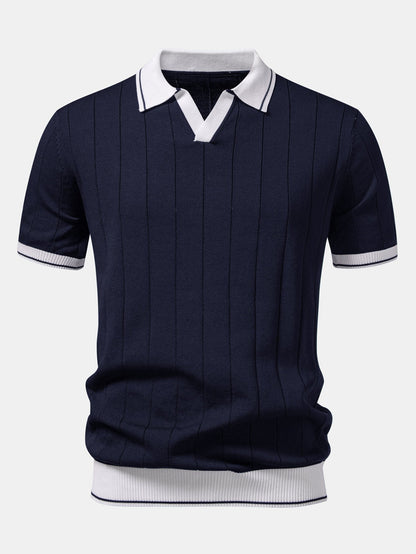Contrast Trim Ribbed Johnny Collar Knit Polo