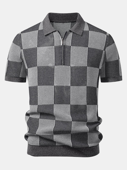 Checkerboard Crocheted Zipper Knit Polo