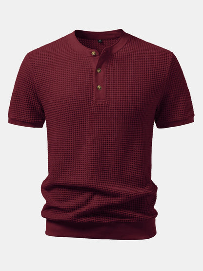 Waffle Textured Ribbed Hem Henley Shirt