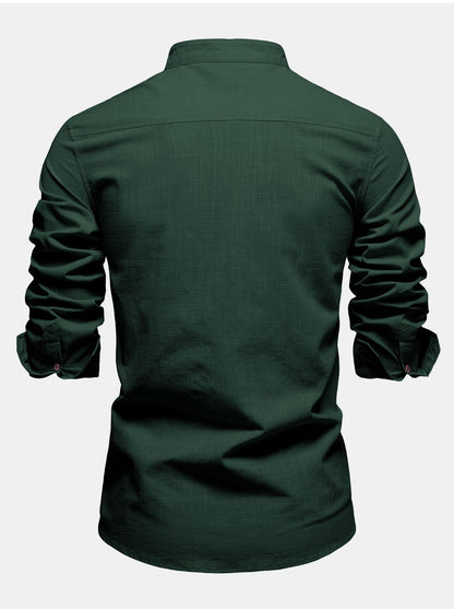 Contrast Trim Linen Look Stand Collar Shirt