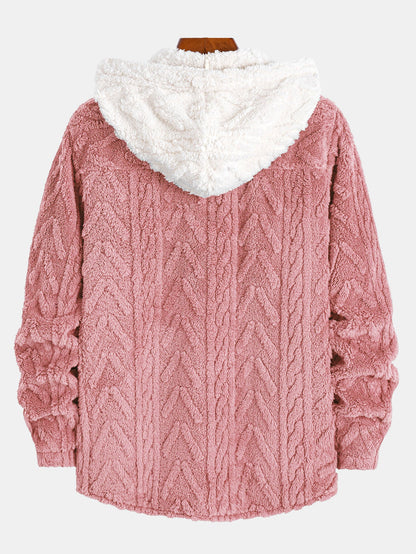 Contrast Geometric Jacquard Teddy Hooded Shirt