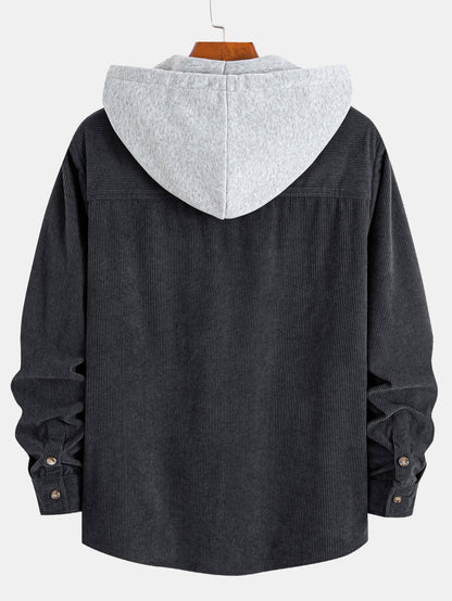 Contrast Corduroy Hooded Overshirt With Pockets