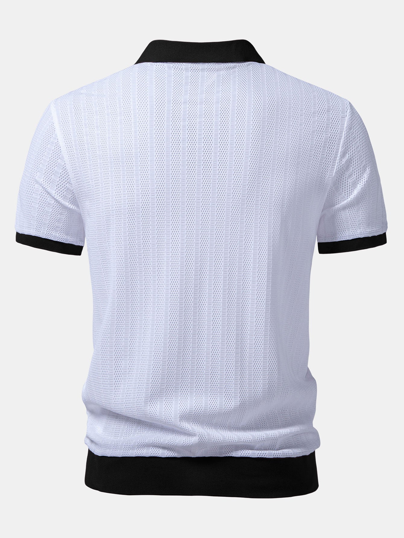 Striped Textured Johnny Collar Open Knit Polo