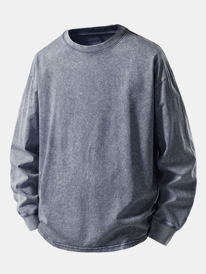 Relax Fit Long Sleeve Washed Distressed T-Shirt