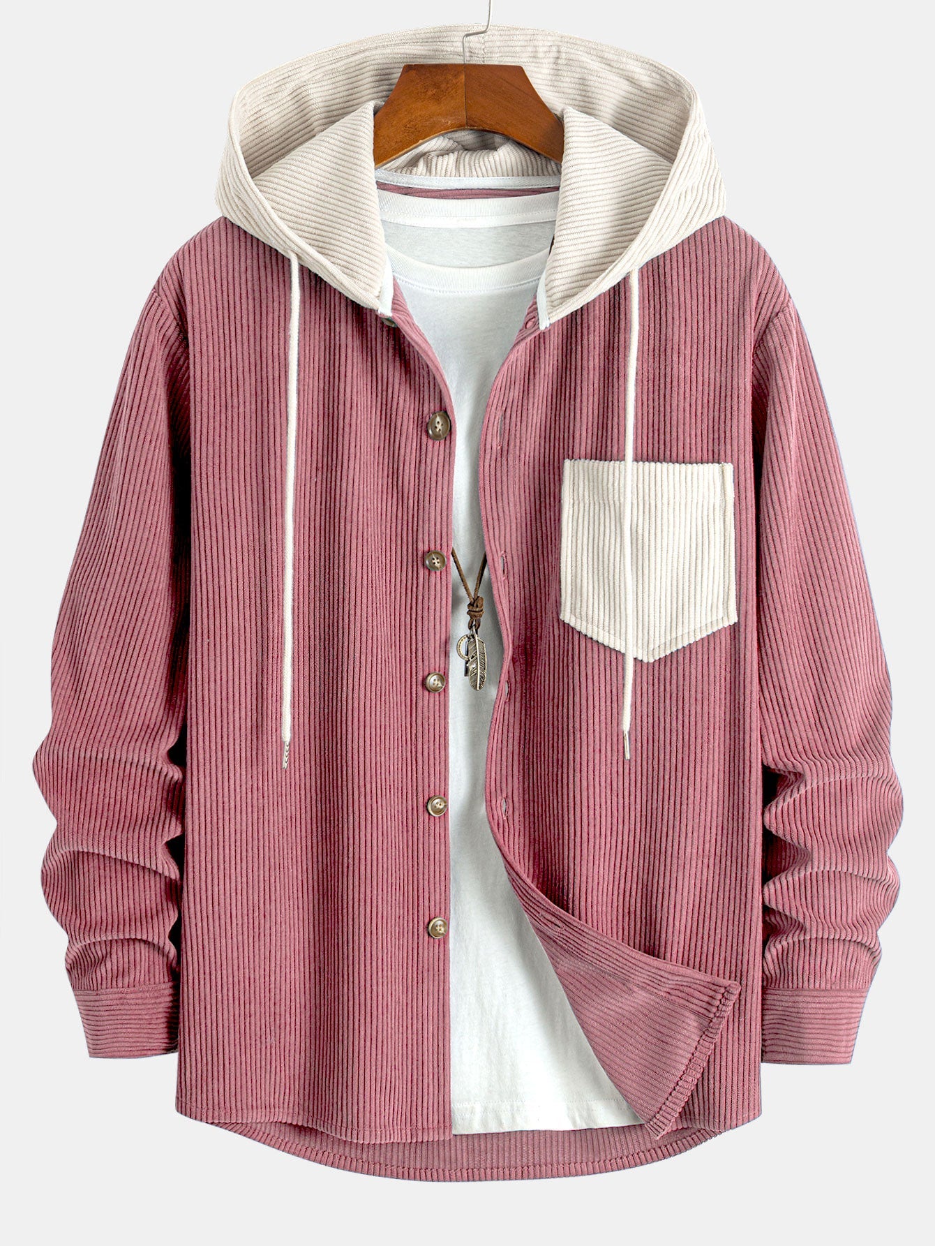Long Sleeved Contrast Corduroy Hooded Shirt