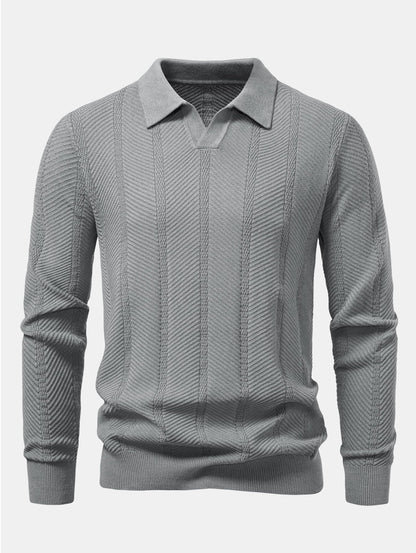 Long Sleeve Stripe V Neck Knit Polo Shirt