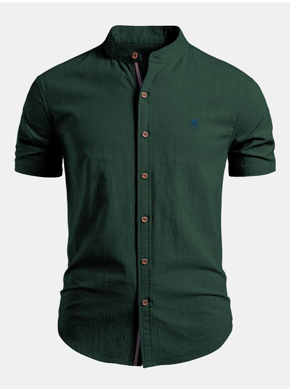Short Sleeve Linen Look Stand Collar Shirt