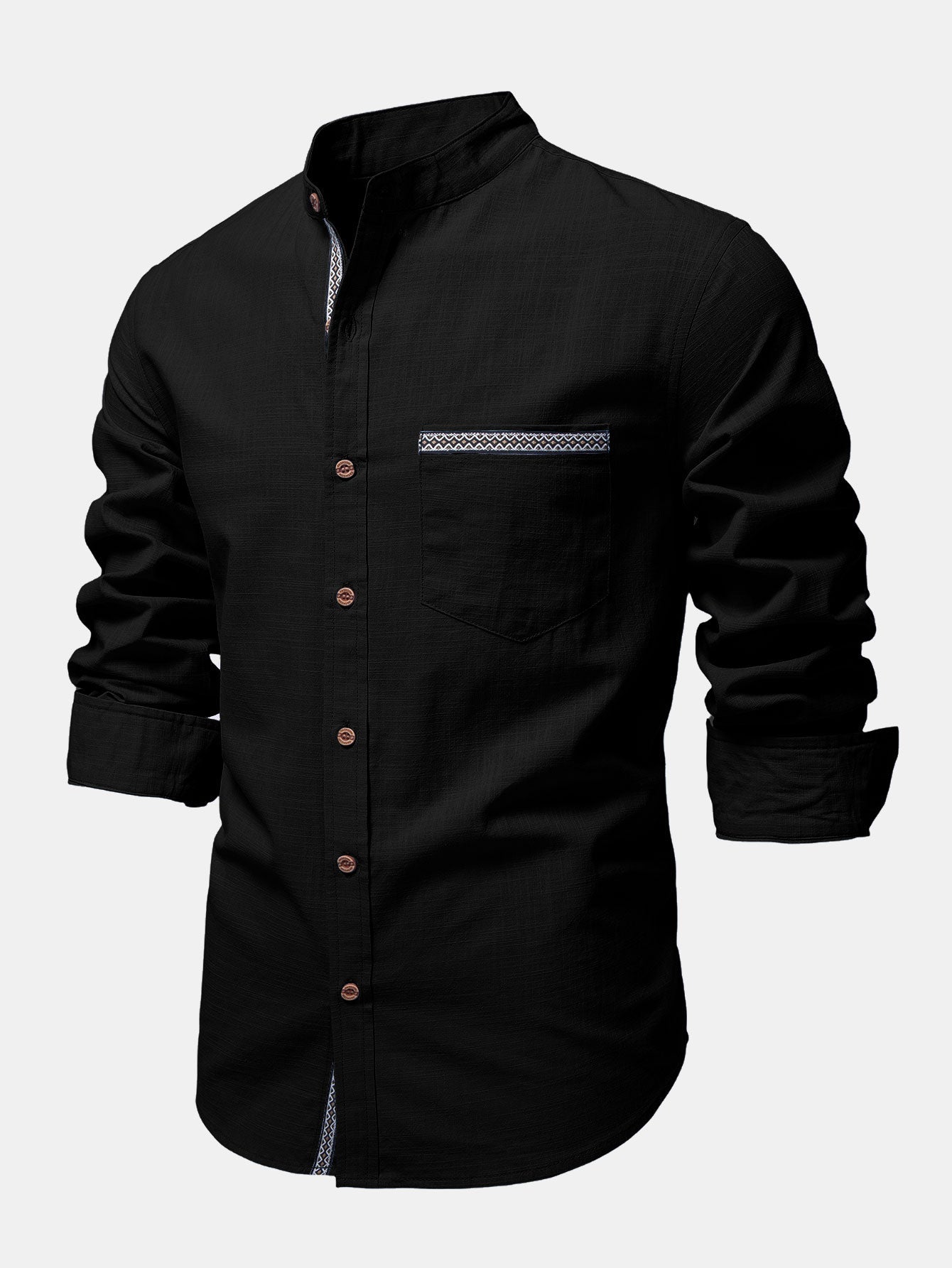Contrast Trim Linen Look Stand Collar Shirt
