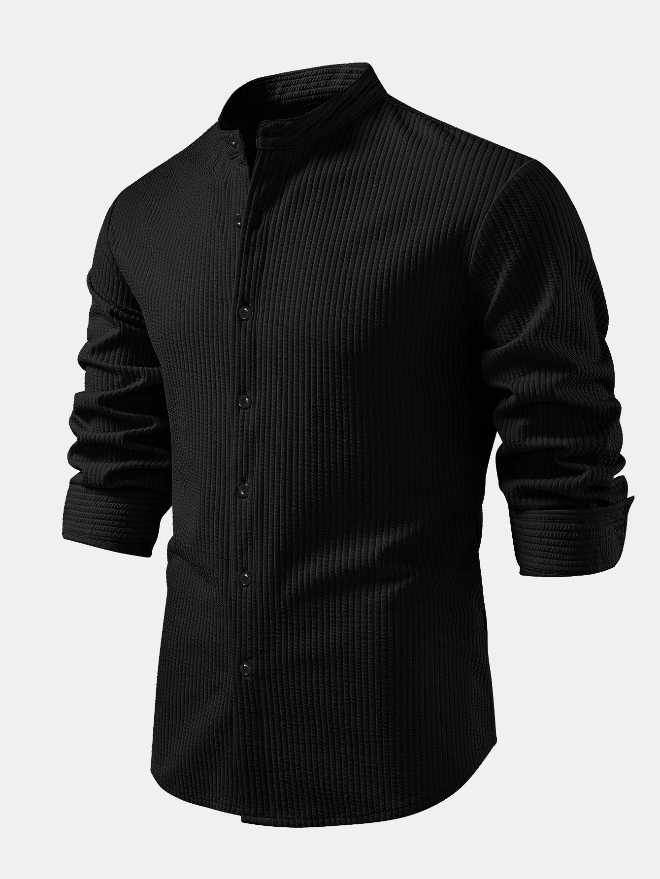 Long Sleeve Muscle Fit Ribbed Stand Collar Shirt