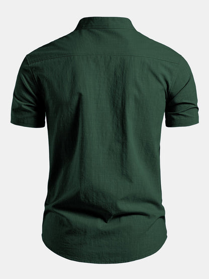Short Sleeve Linen Look Stand Collar Shirt