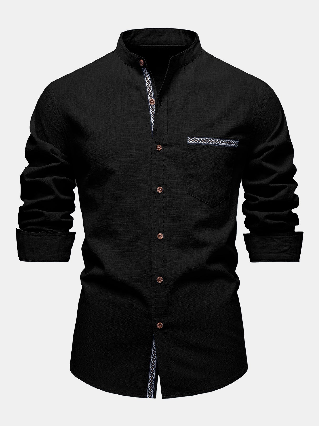 Contrast Trim Linen Look Stand Collar Shirt