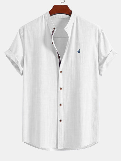 Short Sleeve Linen Look Stand Collar Shirt