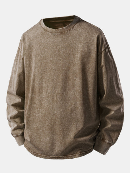 Relax Fit Long Sleeve Washed Distressed T-Shirt