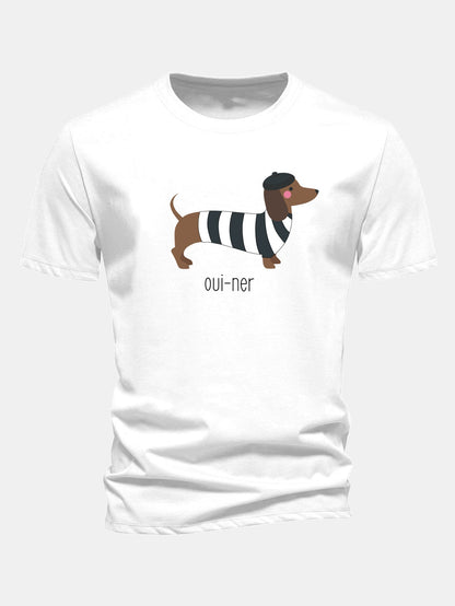 Regular Fit French Dachshund Print Cotton T-Shirt