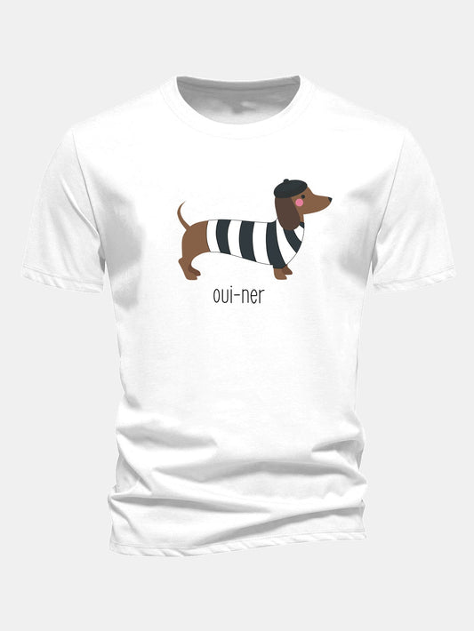 Regular Fit French Dachshund Print Cotton T-Shirt