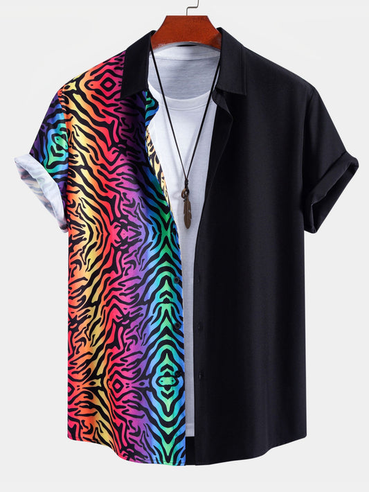 Colorful Tiger Patchwork Button Up Shirt