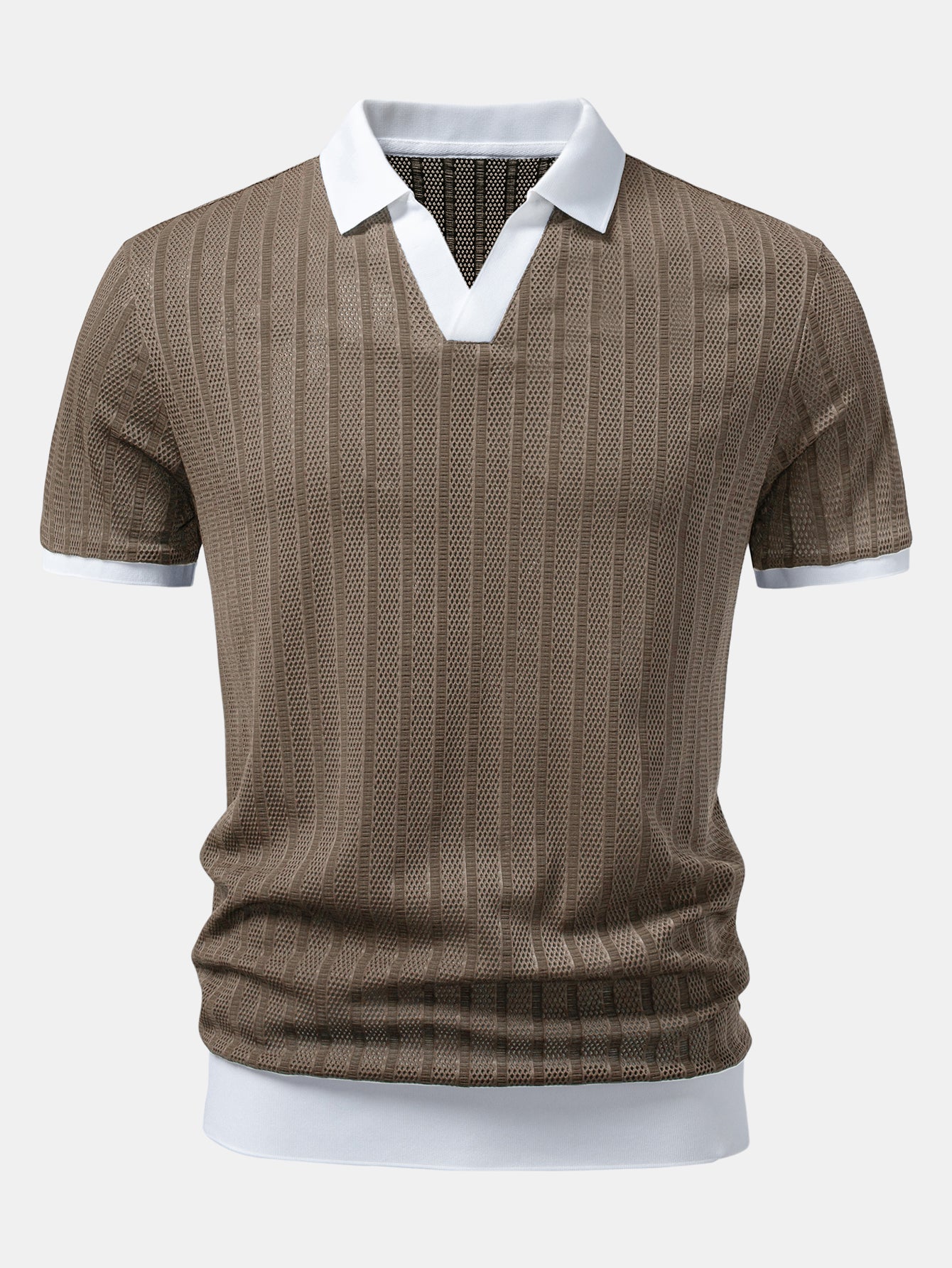 Striped Textured Johnny Collar Open Knit Polo