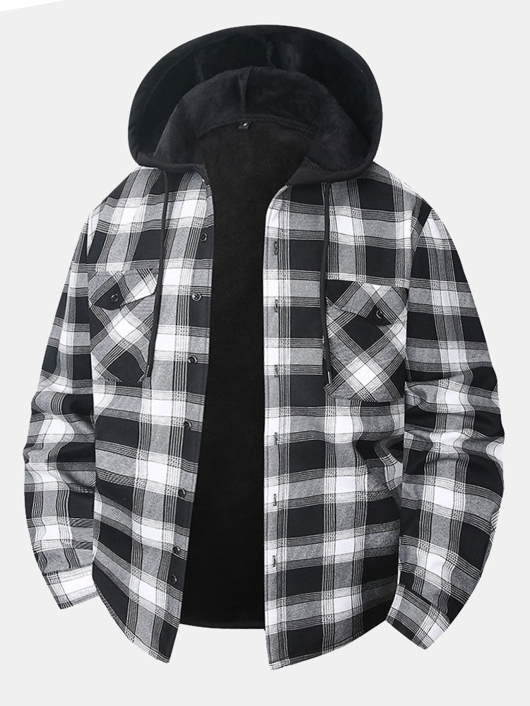 Flannel Fleece Lined Button Up Hooded Shirt