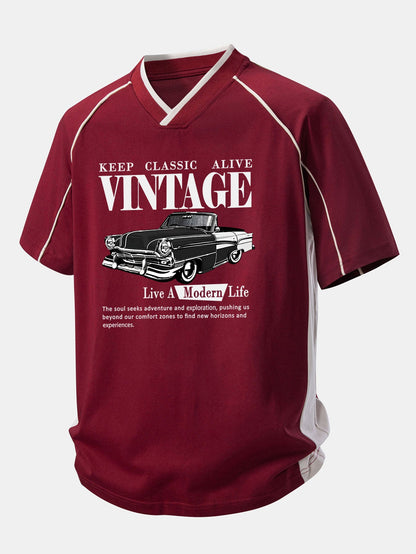 Vintage Car Print Contrast Piping V-Neck Raglan Sleeve T-Shirt