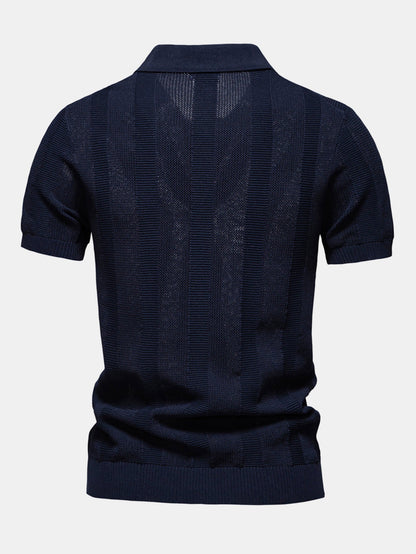 Stripe Hollow Knit V Neck Polo Shirt