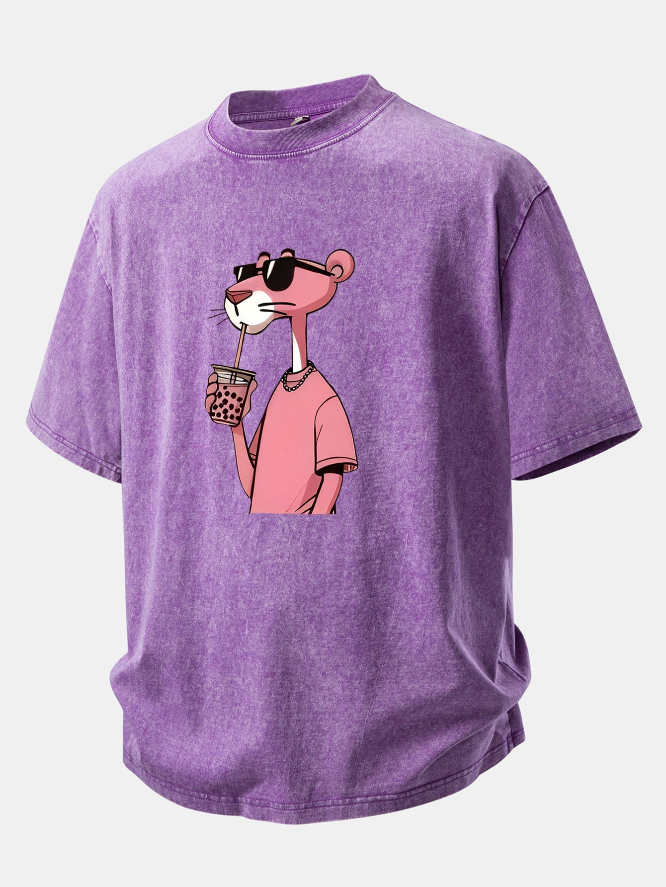 Pink Panther Print Washed Distressed Drop Shoulder T-Shirt