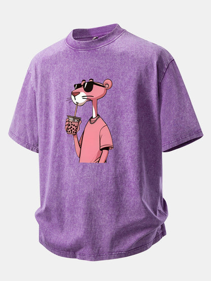 Pink Panther Print Washed Distressed Drop Shoulder T-Shirt