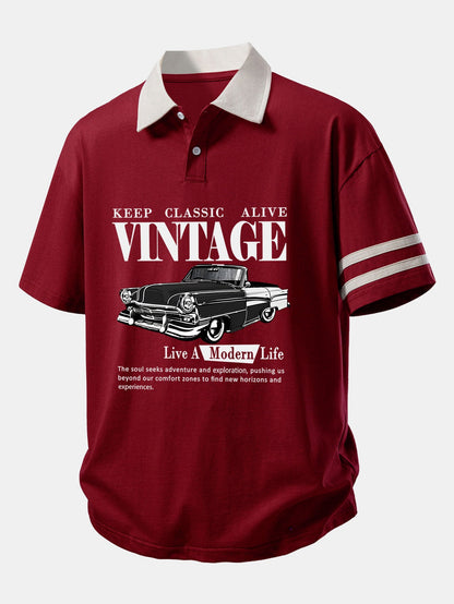 Relax Fit Vintage Car Print Contrast Collar Polo Shirt