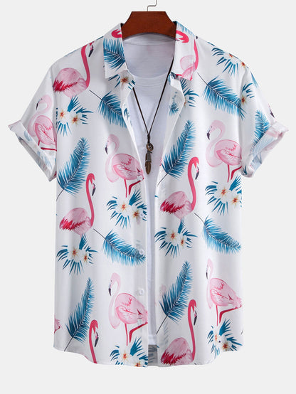 Flamingo Leaf Print Button Up Shirt