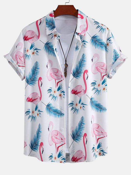 Flamingo Leaf Print Button Up Shirt