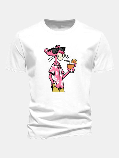 Regular Fit Vacation Pink Panther Print Cotton T-Shirt