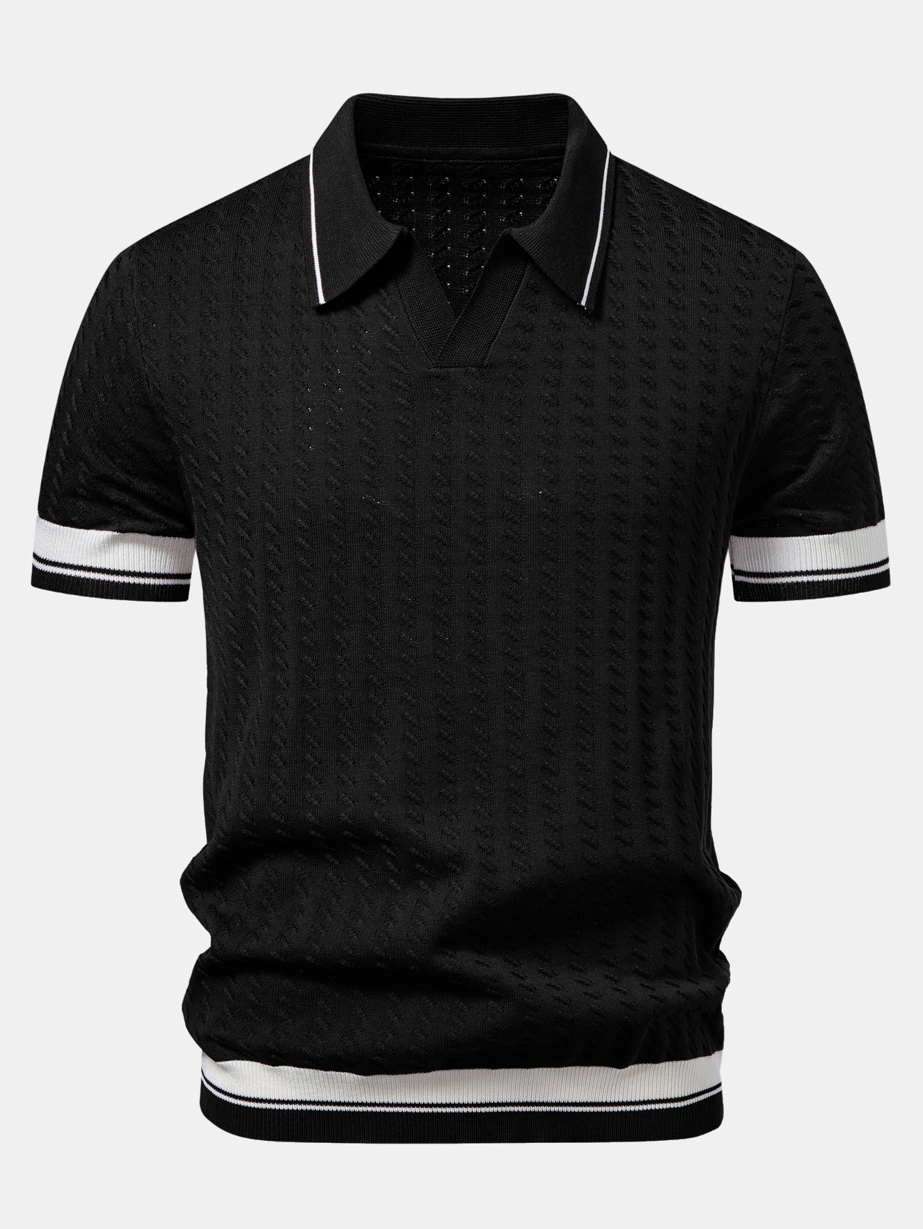 Contrast Trim Textured Johnny Collar Knit Polo