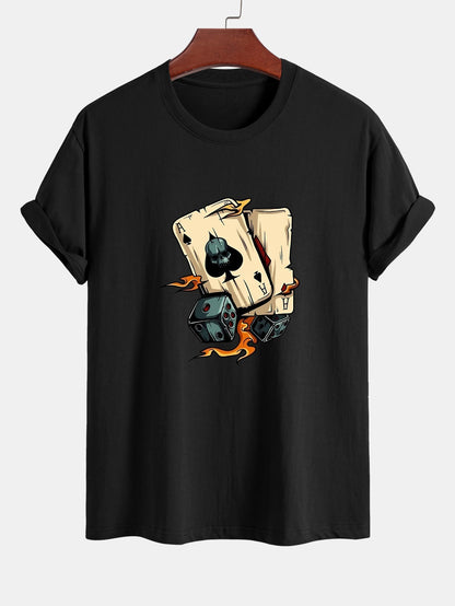 Regular Fit Dice Playing Cards Print Cotton T-Shirt