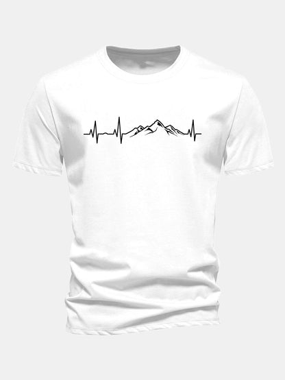 Regular Fit Heartbeat Mountain Print Cotton T-Shirt