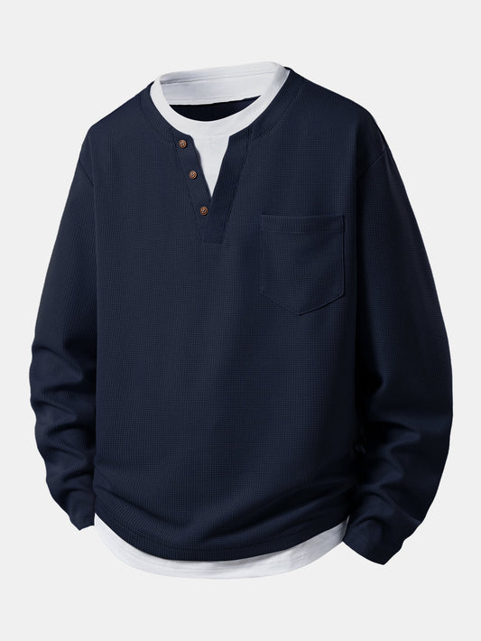 2 In 1 Button V-Neck Waffle T-Shirt With Pocket