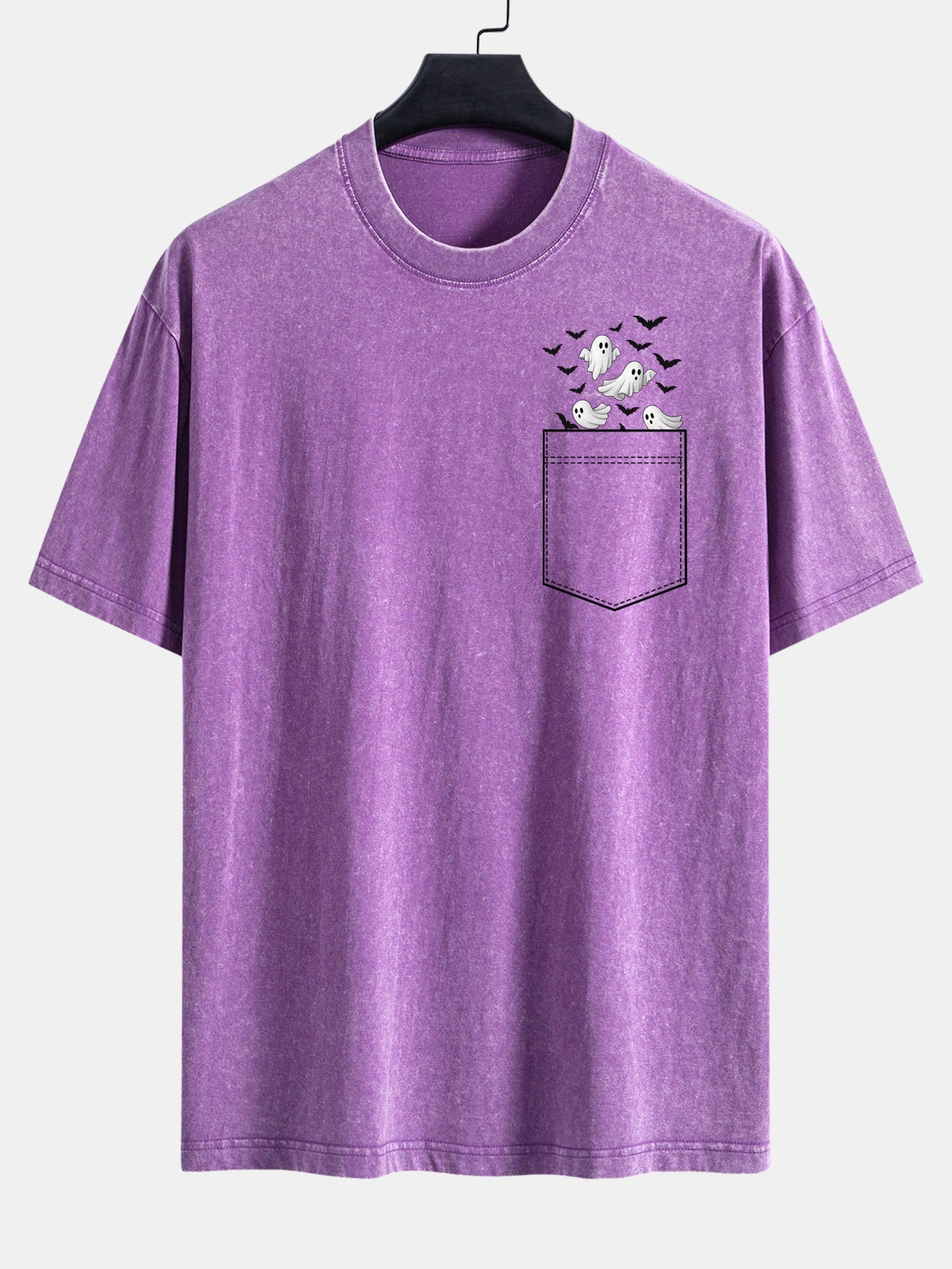 Pocket Bat Ghost Print Washed Distressed Drop Shoulder T-Shirt