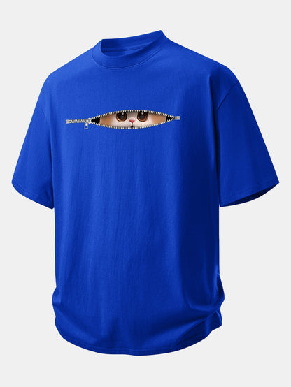 Relax Fit Zipper Cat Print Cotton T-Shirt