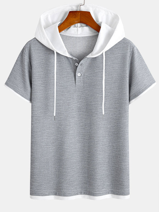 Contrast Button-Placket Waffle Hooded T-Shirt