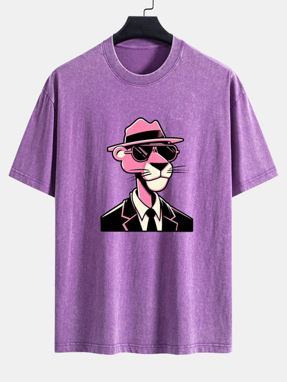 Pink Gentleman Panther Print Washed Distressed Drop Shoulder T-Shirt
