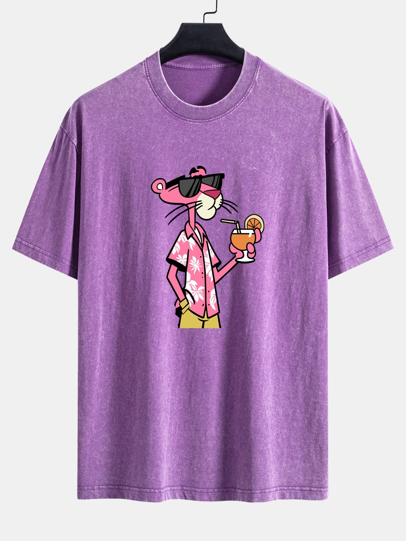 Vacation Pink Panther Print Washed Distressed Drop Shoulder T-Shirt