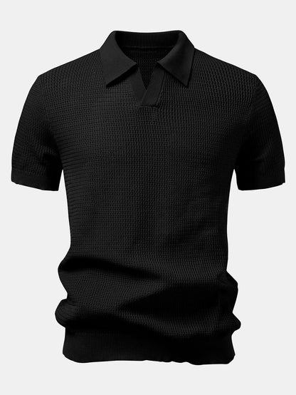 Textured Johnny Collar Crocheted Knit Polo