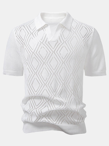 Geometric Crochet V Neck Polo Shirt