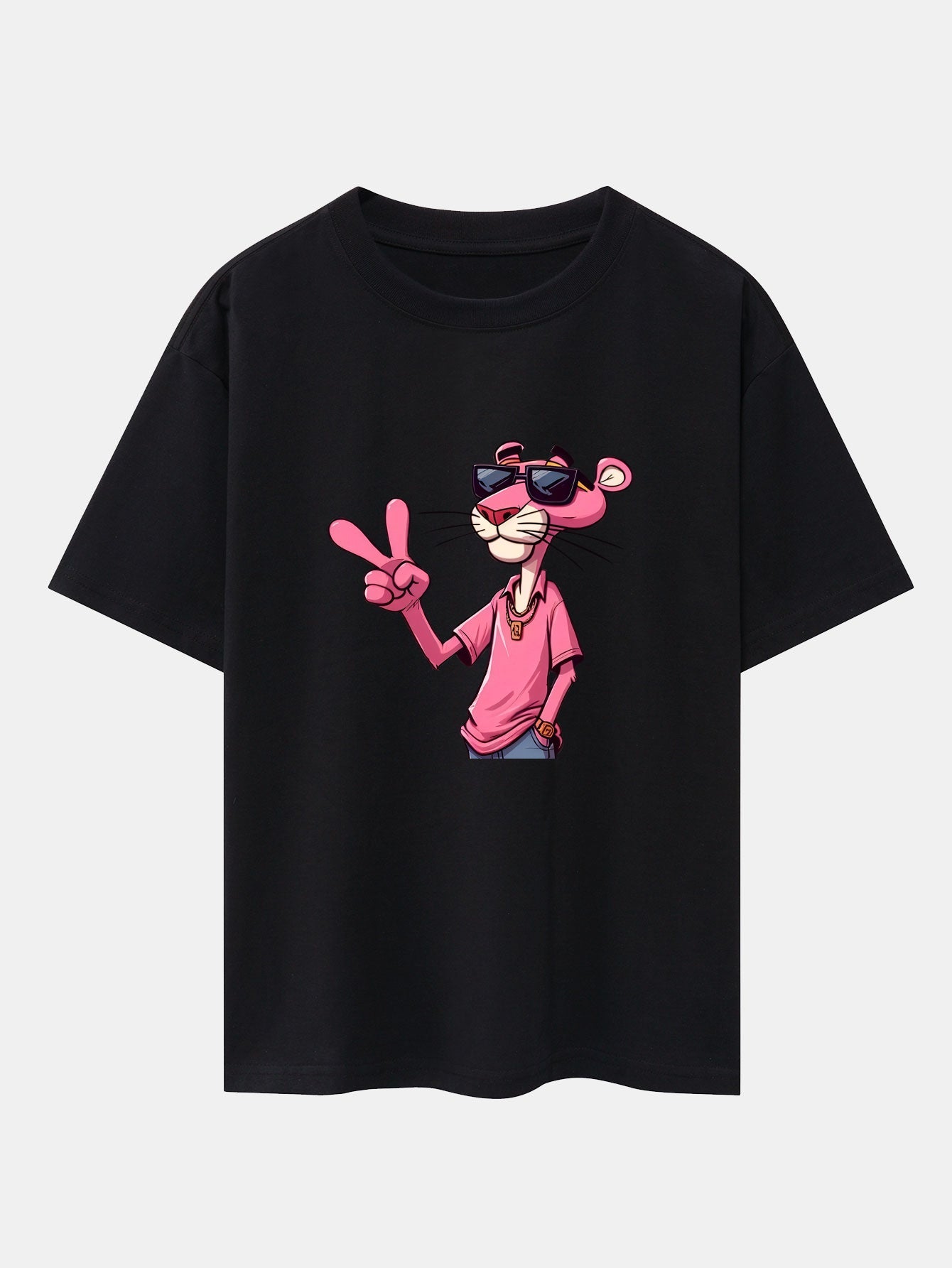 Pink Panther With V Sign Print Drop Shoulder Oversize T-Shirt
