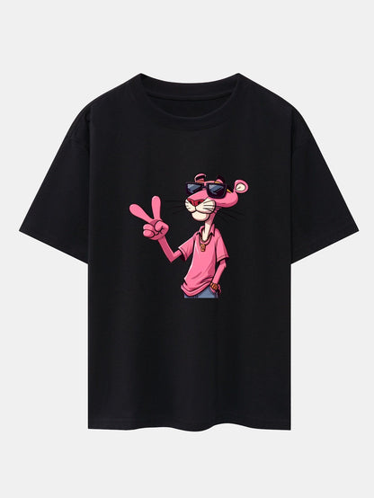 Pink Panther With V Sign Print Drop Shoulder Oversize T-Shirt