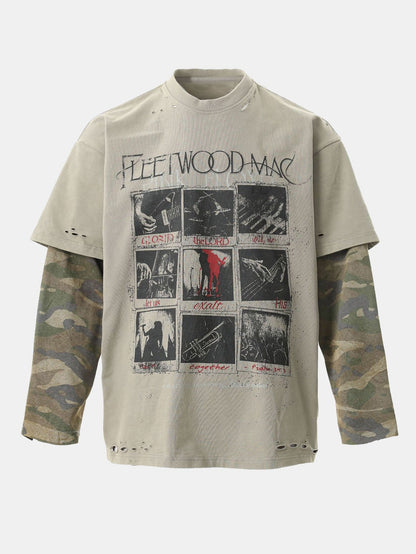 2 In 1 Camouflage Washed Ripped Rock Print T-Shirt