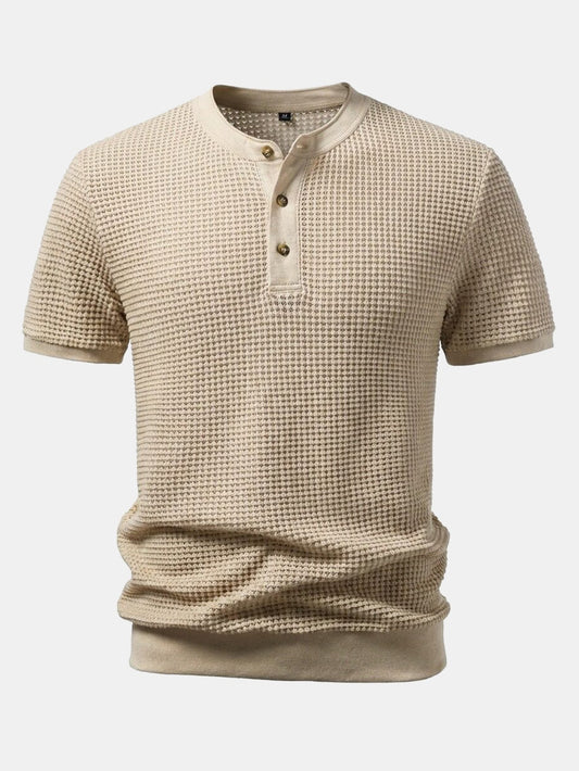 Waffle Textured Ribbed Hem Henley Shirt