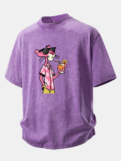 Vacation Pink Panther Print Washed Distressed Drop Shoulder T-Shirt
