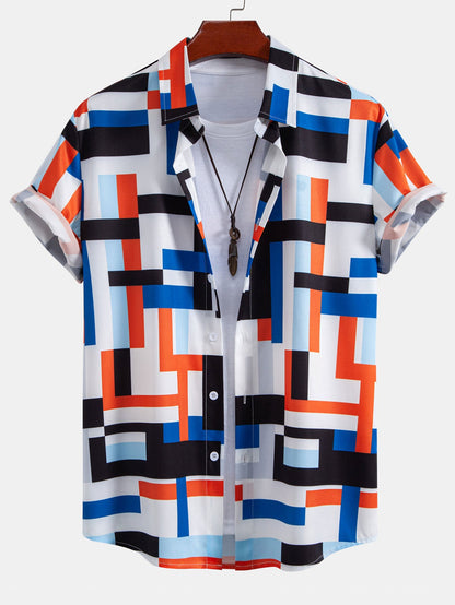 Striped Color Block Print Button Up Shirt