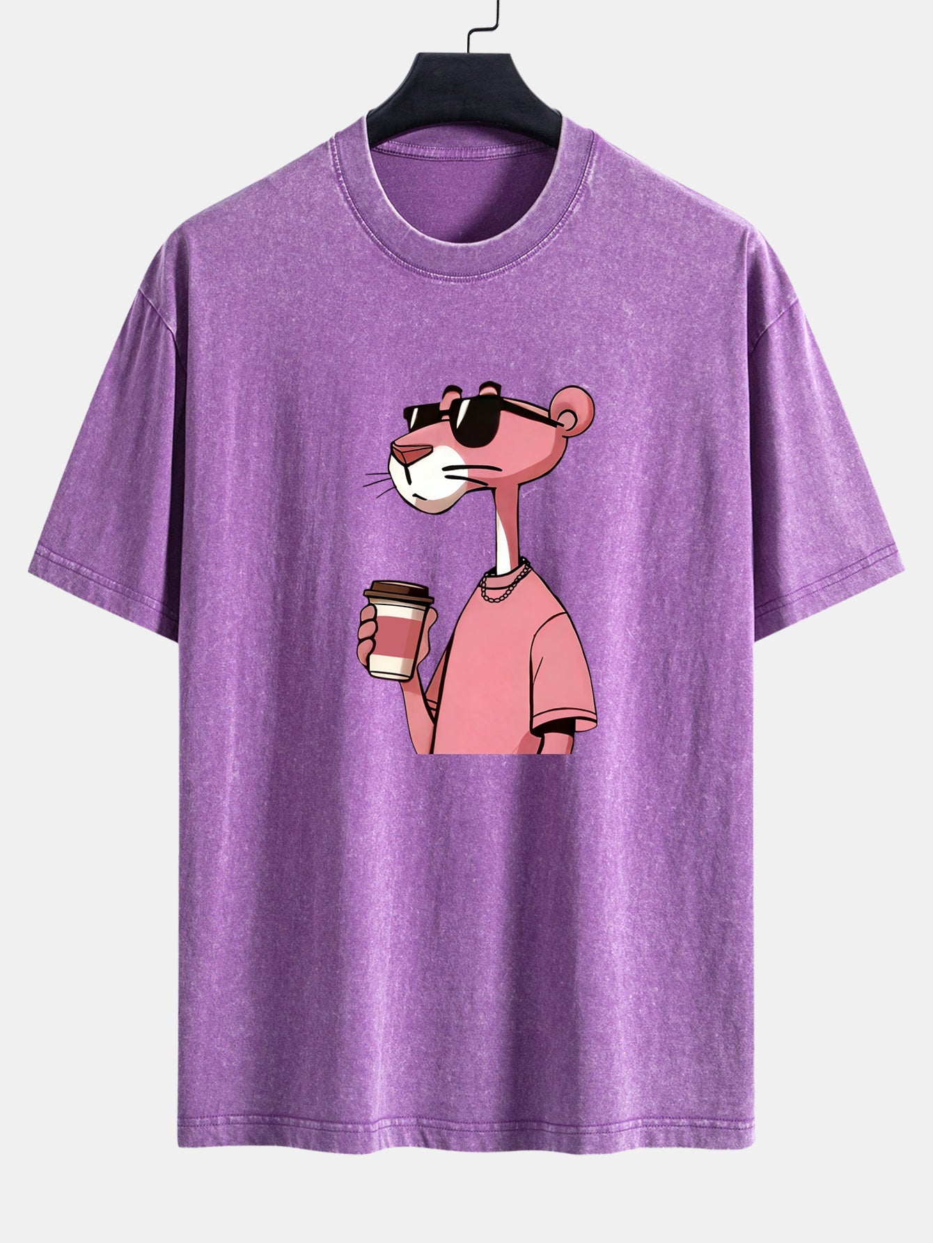 Pink Panther Drinking Coffee Print Washed Distressed Drop Shoulder T-Shirt