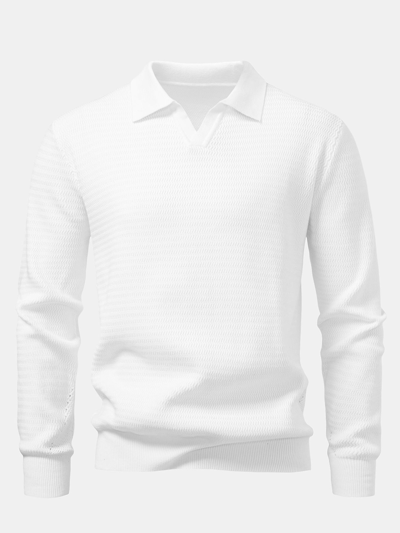 Long Sleeve Wave Jacquard V Neck Knit Polo Shirt