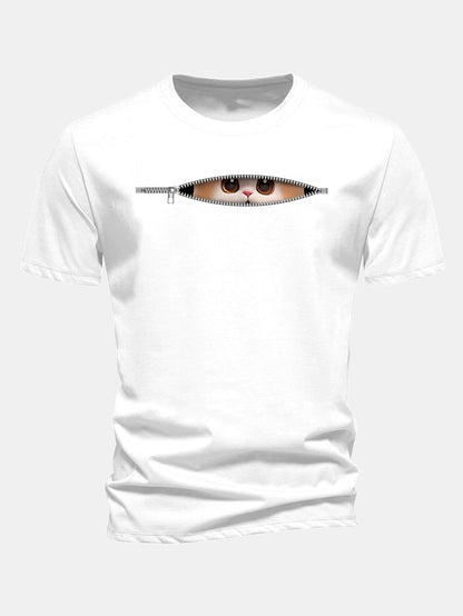 Regular Fit Zipper Cat Print Cotton T-Shirt